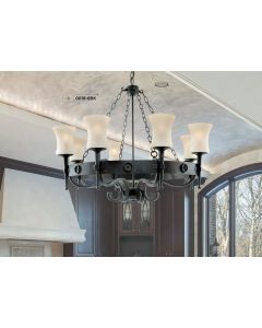 Cartwheel 8 Light Fitting In Black/brown Wrought Iron & Scavo Glass Shades 1853
